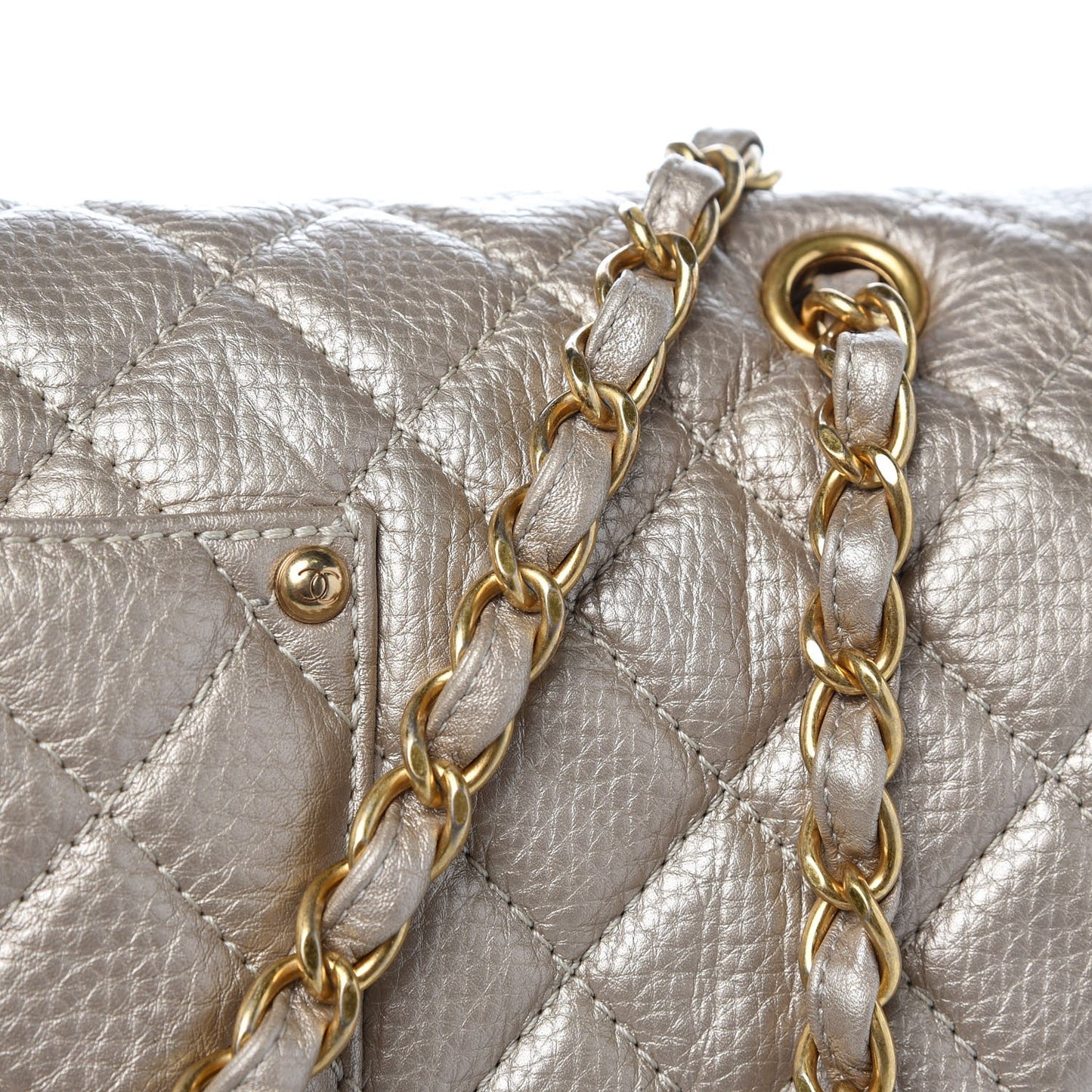 Metallic Calfskin Quilted XXL Travel Flap Bag Gold