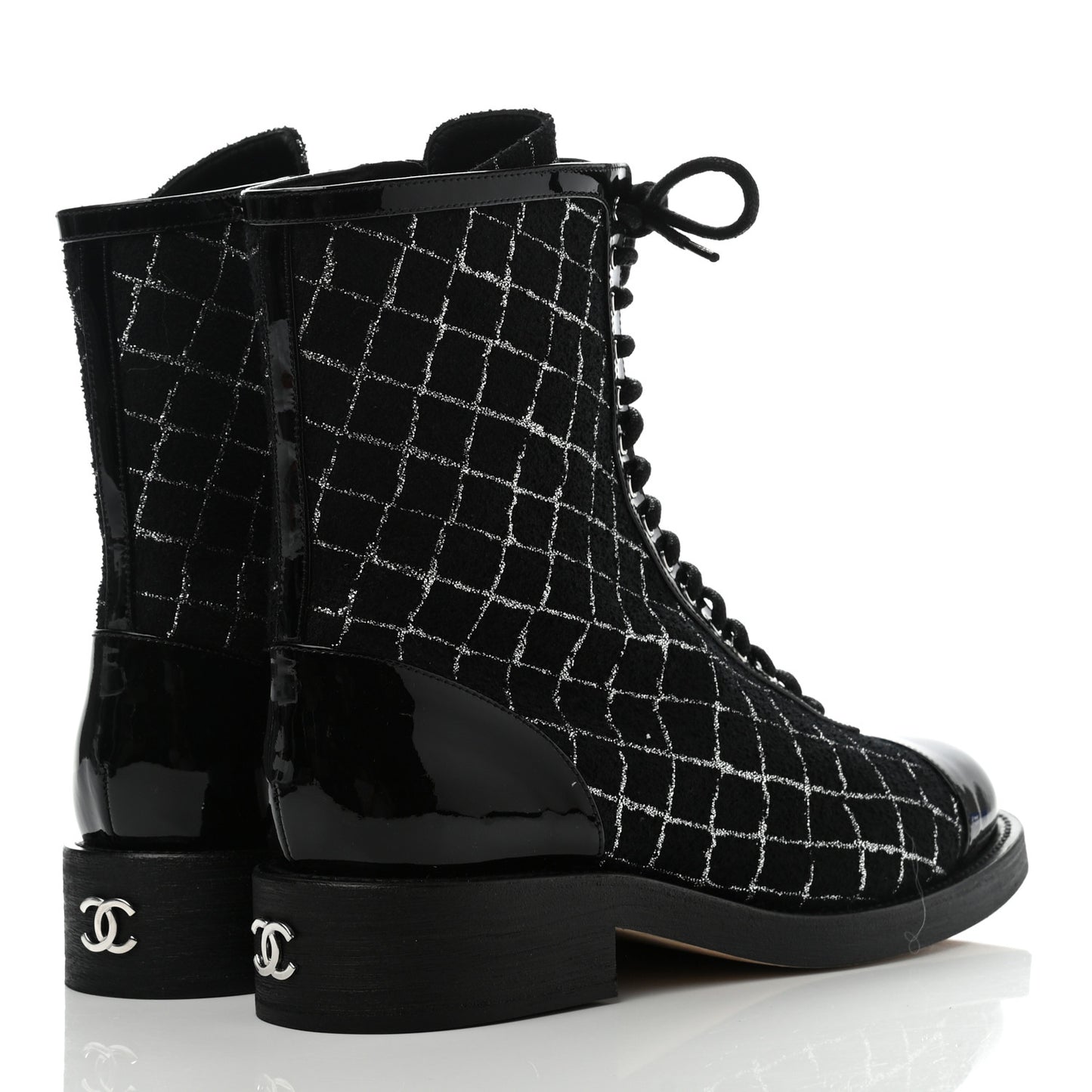 Tweed Patent Calfskin Cap Toe CC Lace Up Boots 40 Black Silver