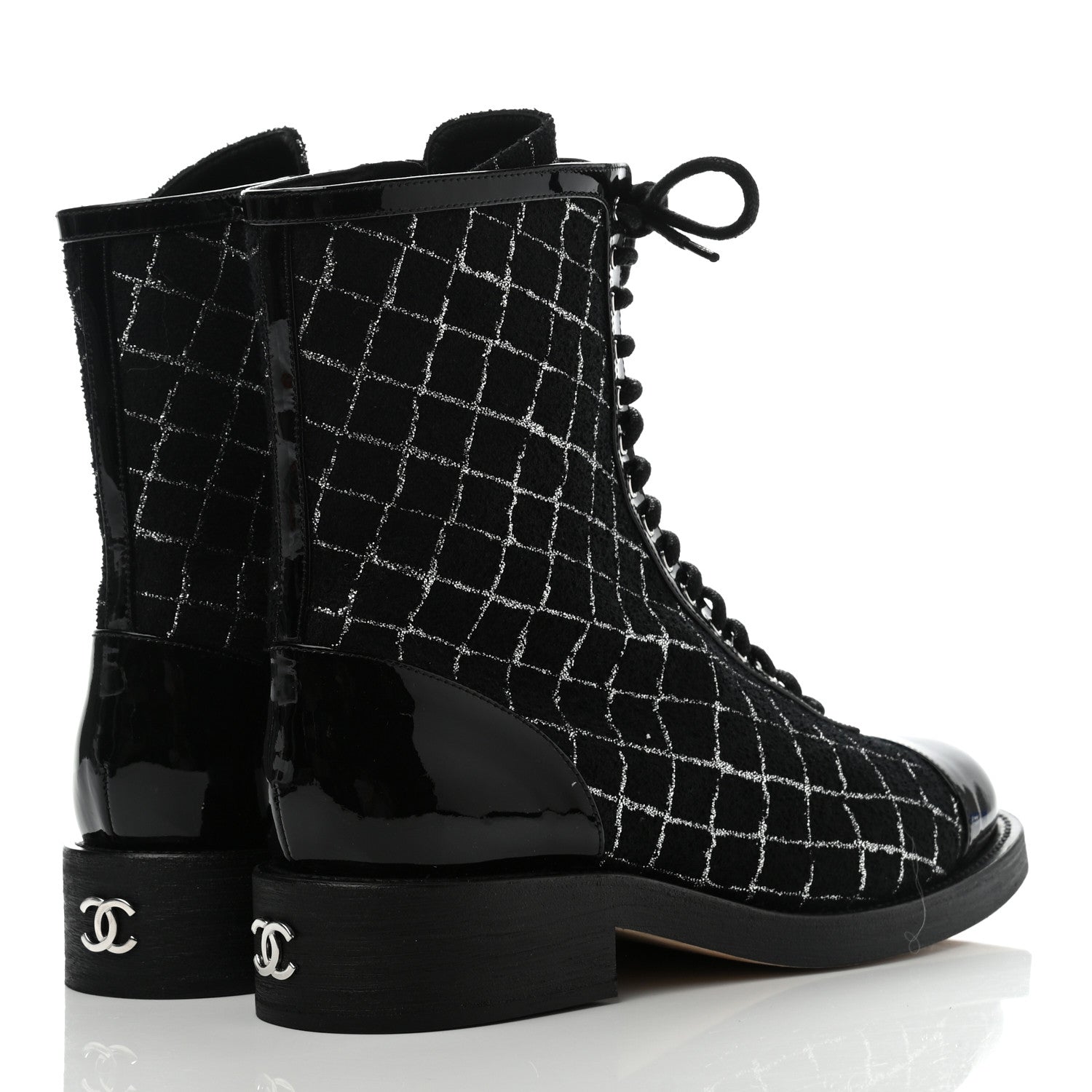 Chanel Tweed Patent Calfskin Cap Toe CC Lace Up Boots 40 Black Silver 4 of 7