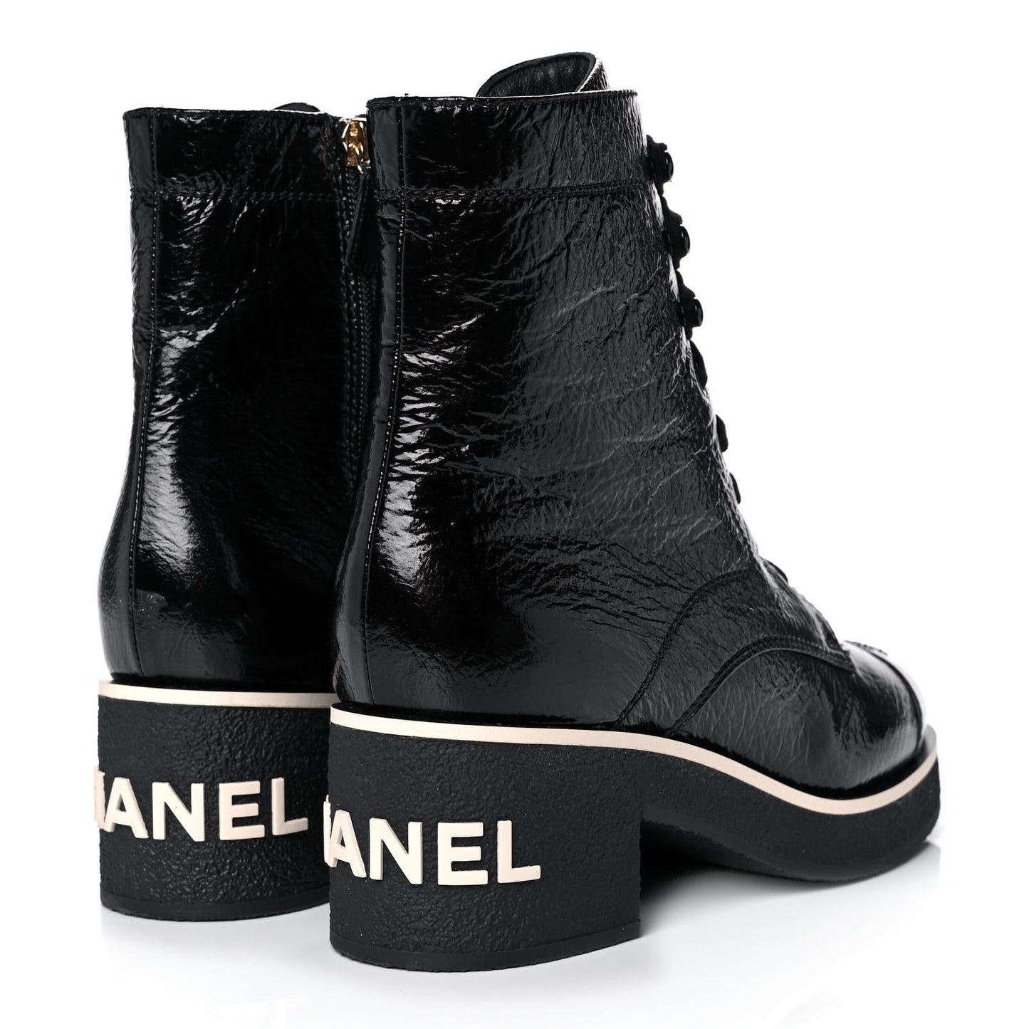 Shiny Crumpled Lambskin Lace Up Combat Boots 39.5 Black