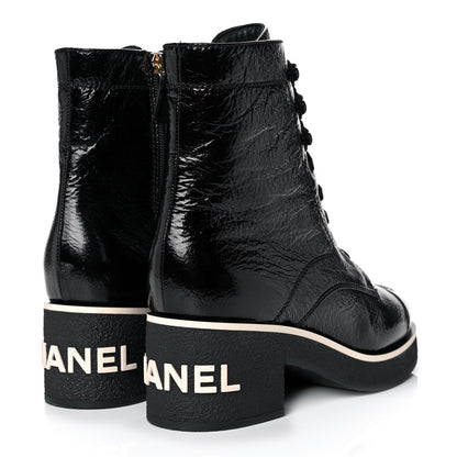 Chanel Shiny Crumpled Lambskin Lace Up Combat Boots 39.5 Black 4 of 10