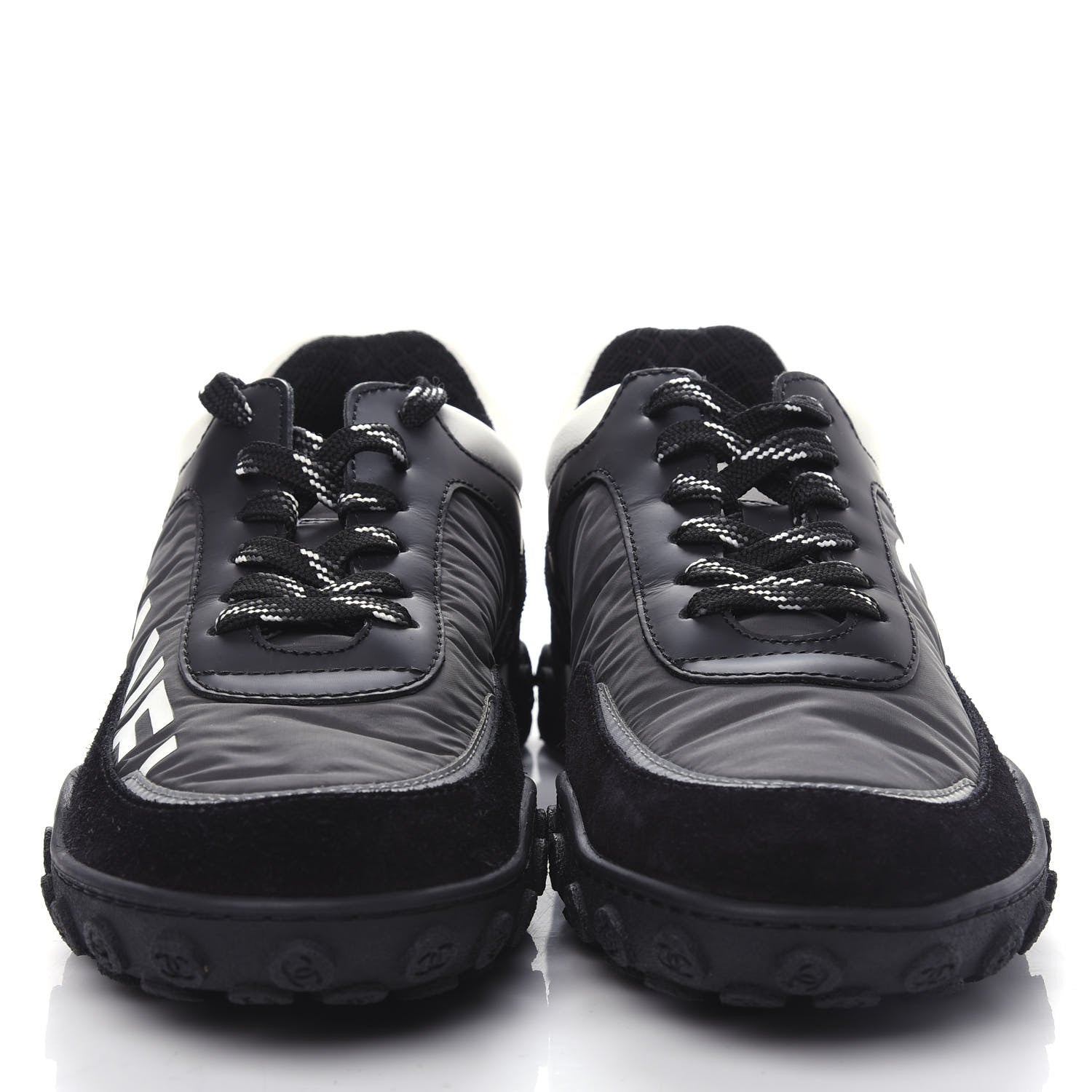 Chanel Nylon Calfskin Suede CC Sneakers 36.5 Grey Black White 5 of 10