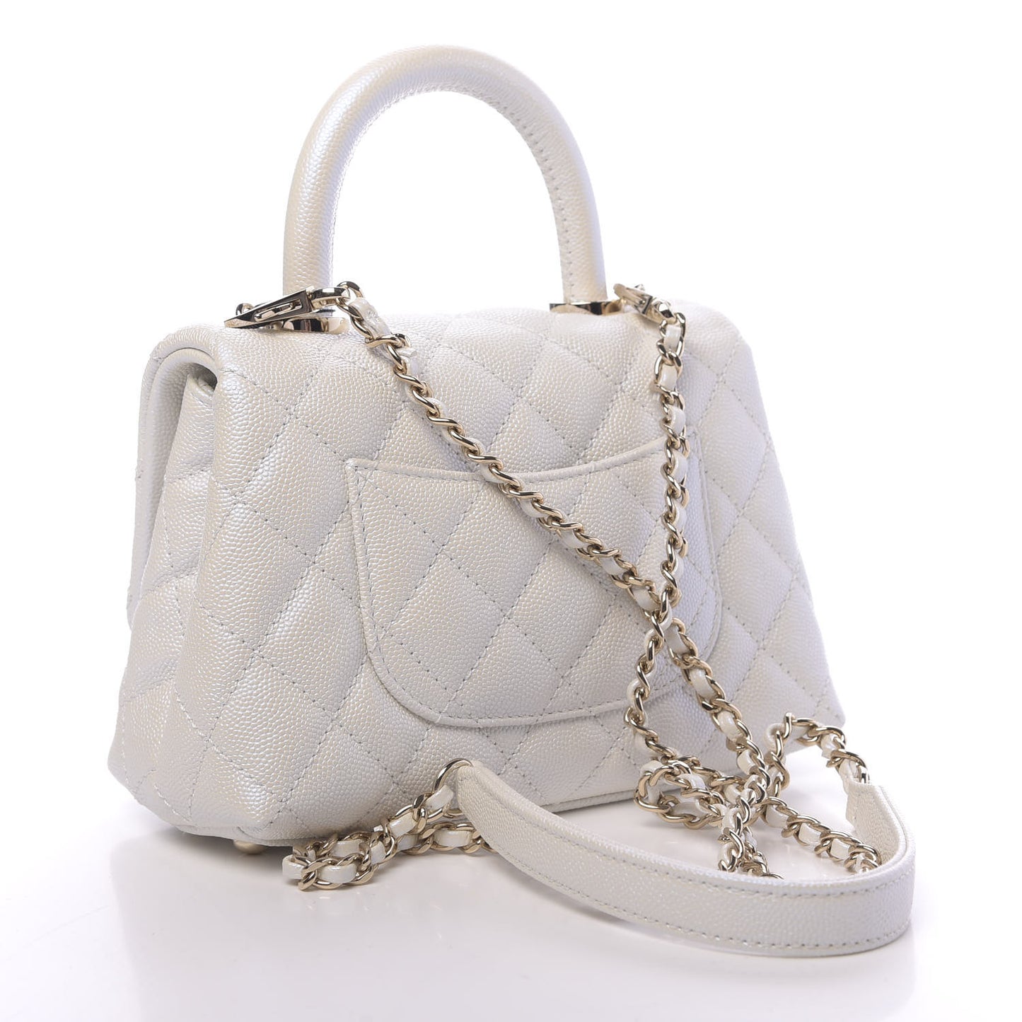 Iridescent Caviar Quilted Extra Mini Coco Handle Flap White
