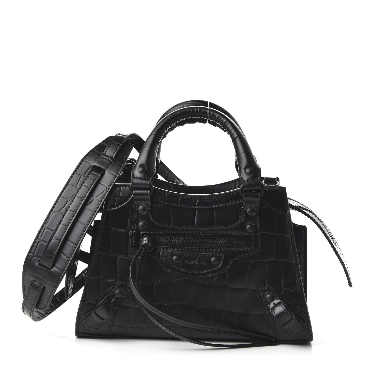 Balenciaga Semi Shiny Calfskin Crocodile Embossed Neo Classic Black Hardware Mini City Black 1 of 8