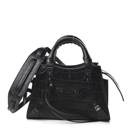 Balenciaga Semi Shiny Calfskin Crocodile Embossed Neo Classic Black Hardware Mini City Black 1 of 8