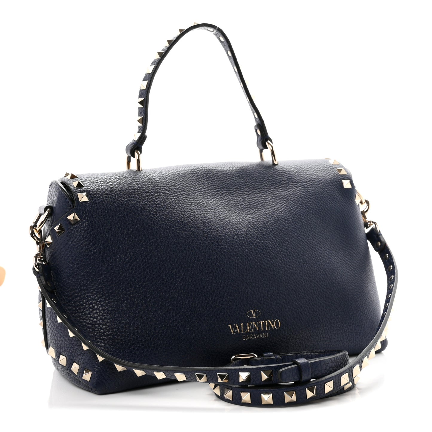 Pebbled Calfskin Rockstud Flip Lock Top Handle Bag Blue