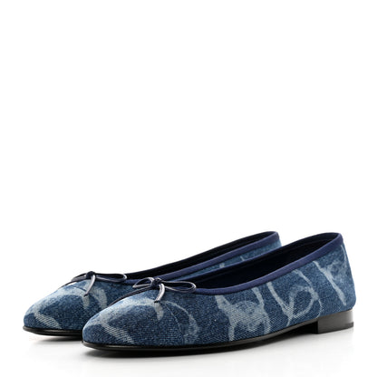 Chanel Denim Printed CC Cap Toe Ballerina Flats 38 Light Blue White 3 of 9