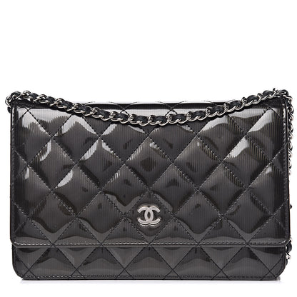 Chanel Striated Patent Quilted Wallet on Chain WOC Black 1 of 12