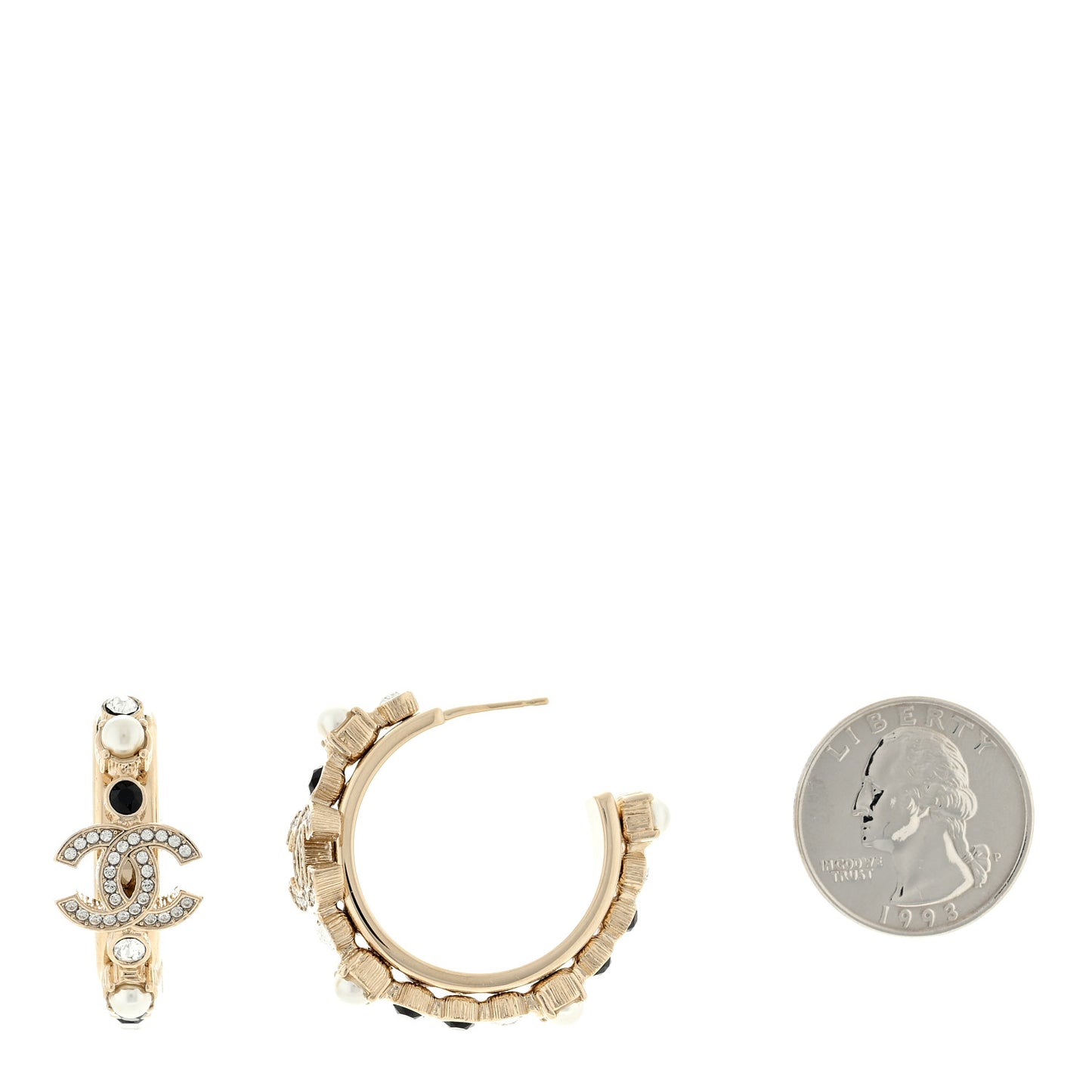 Crystal Pearl CC Hoop Earrings Gold Black