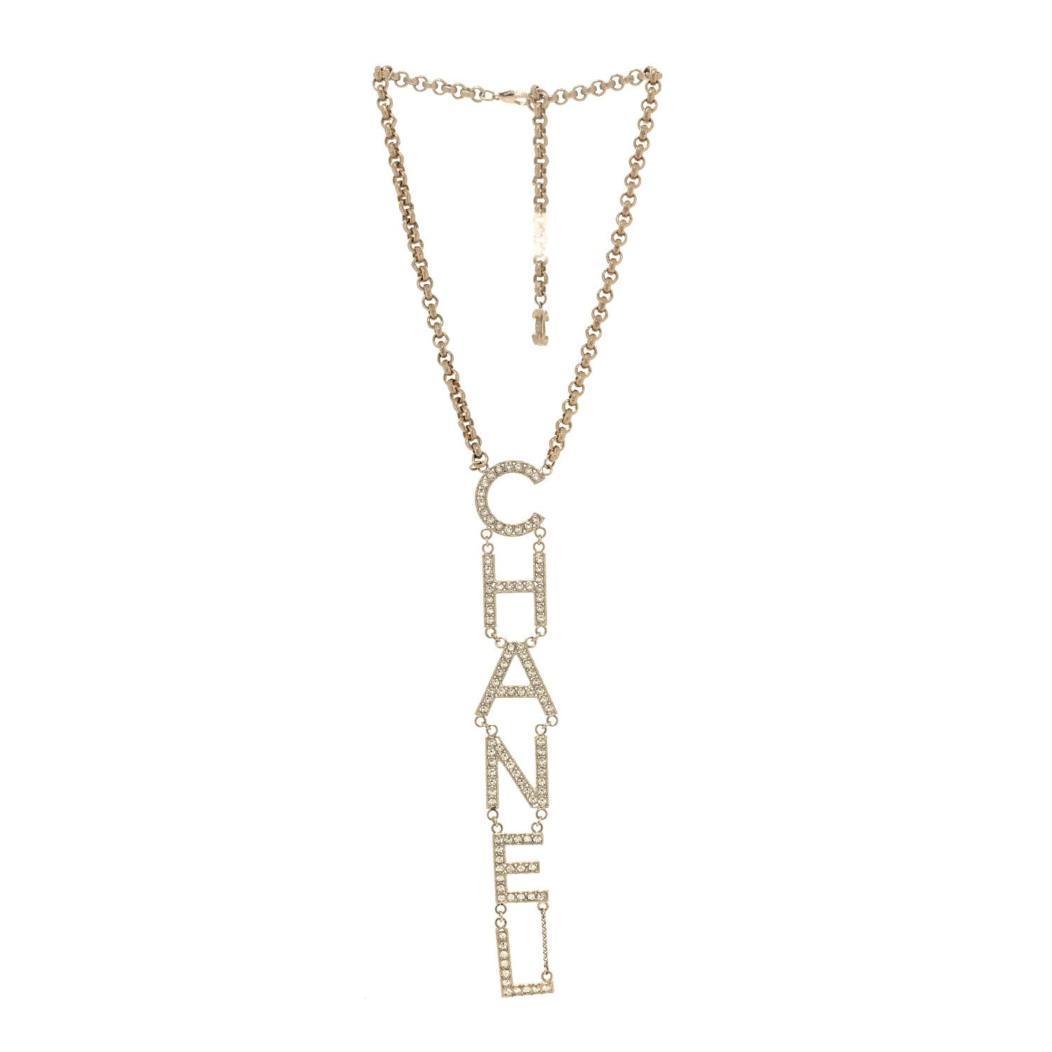 Chanel Metal Crystal Cha-Nel Logo Necklace Gold 3 of 5