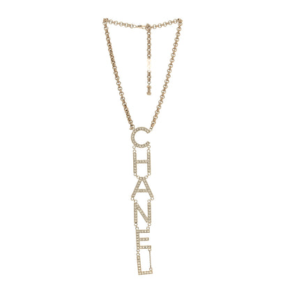 Chanel Metal Crystal Cha-Nel Logo Necklace Gold 3 of 5