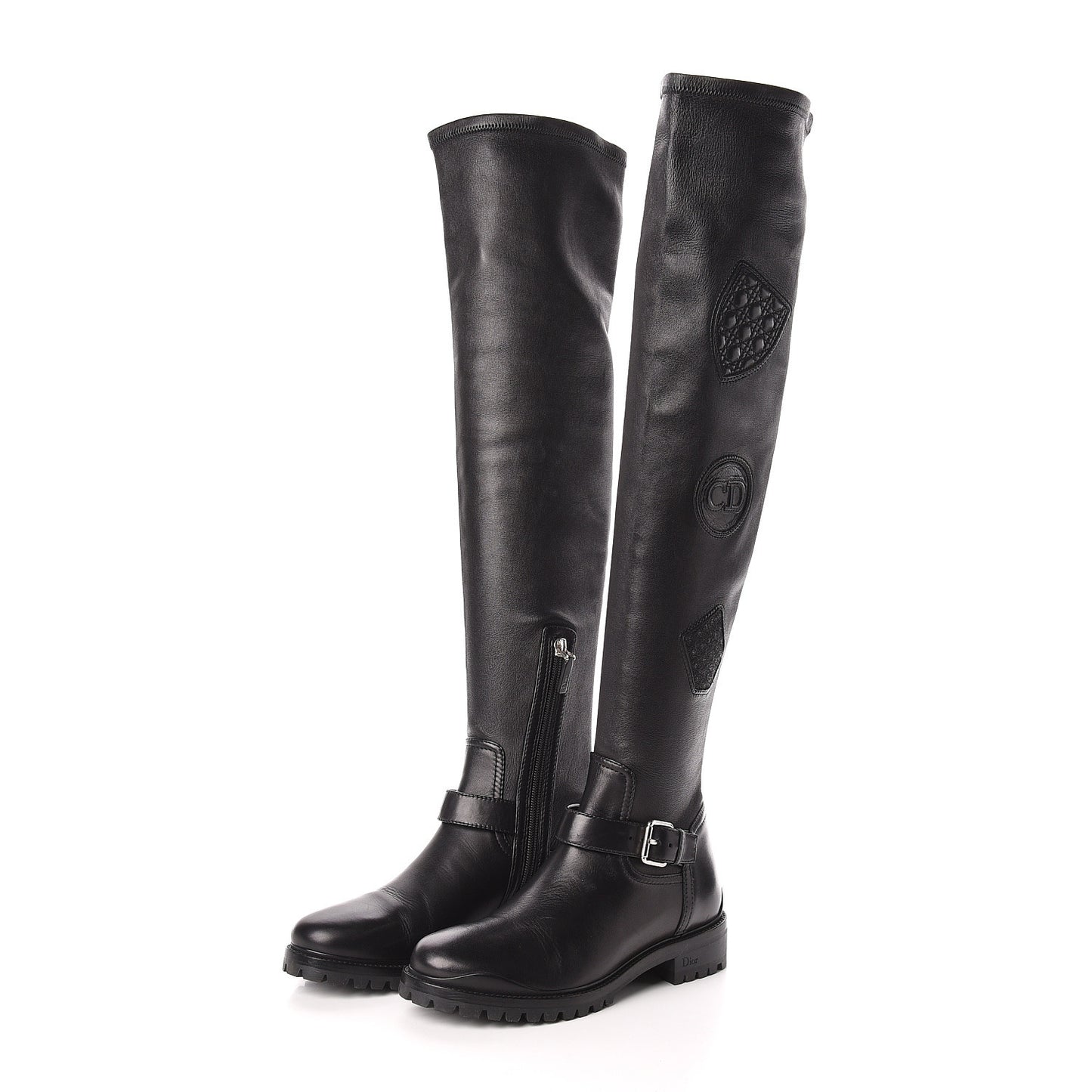 Stretch Lambskin Badge Knee High Boots 37 Black