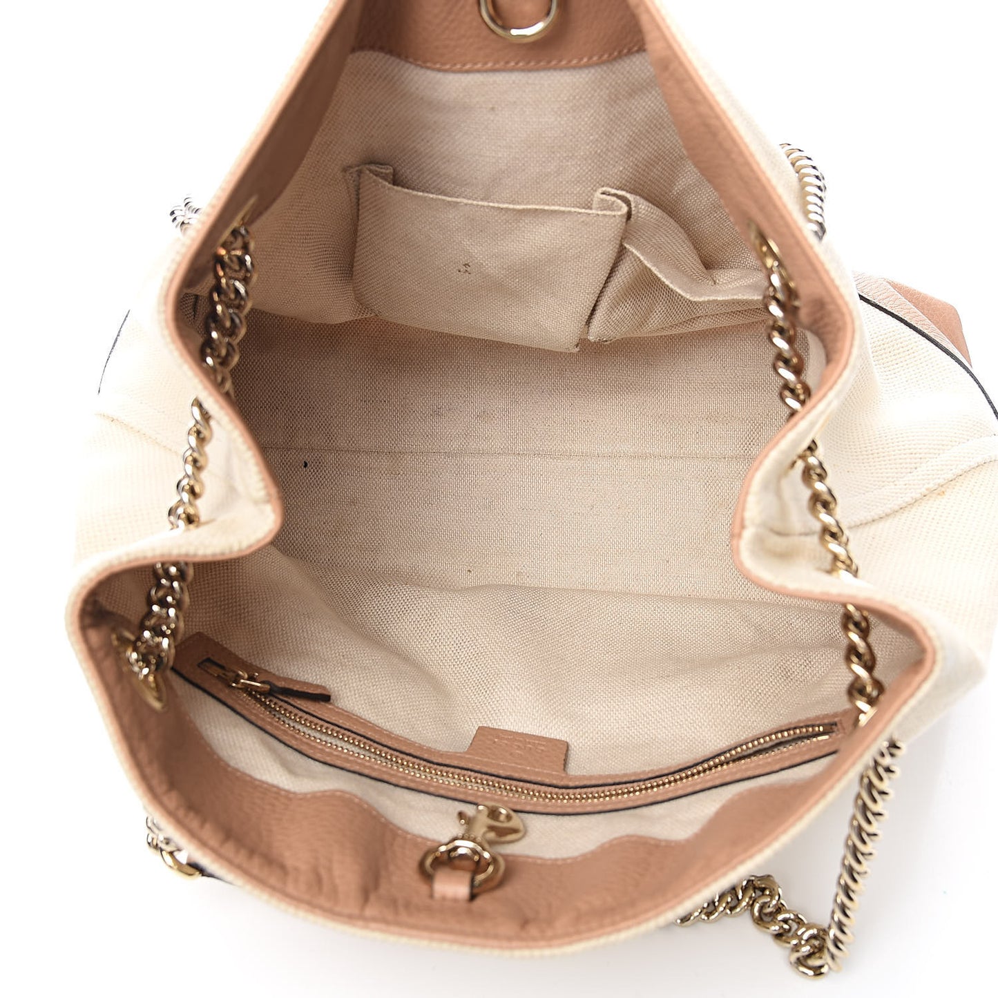 Linen Canvas Pebbled Calfskin Medium Soho Chain Shoulder Bag White Camelia