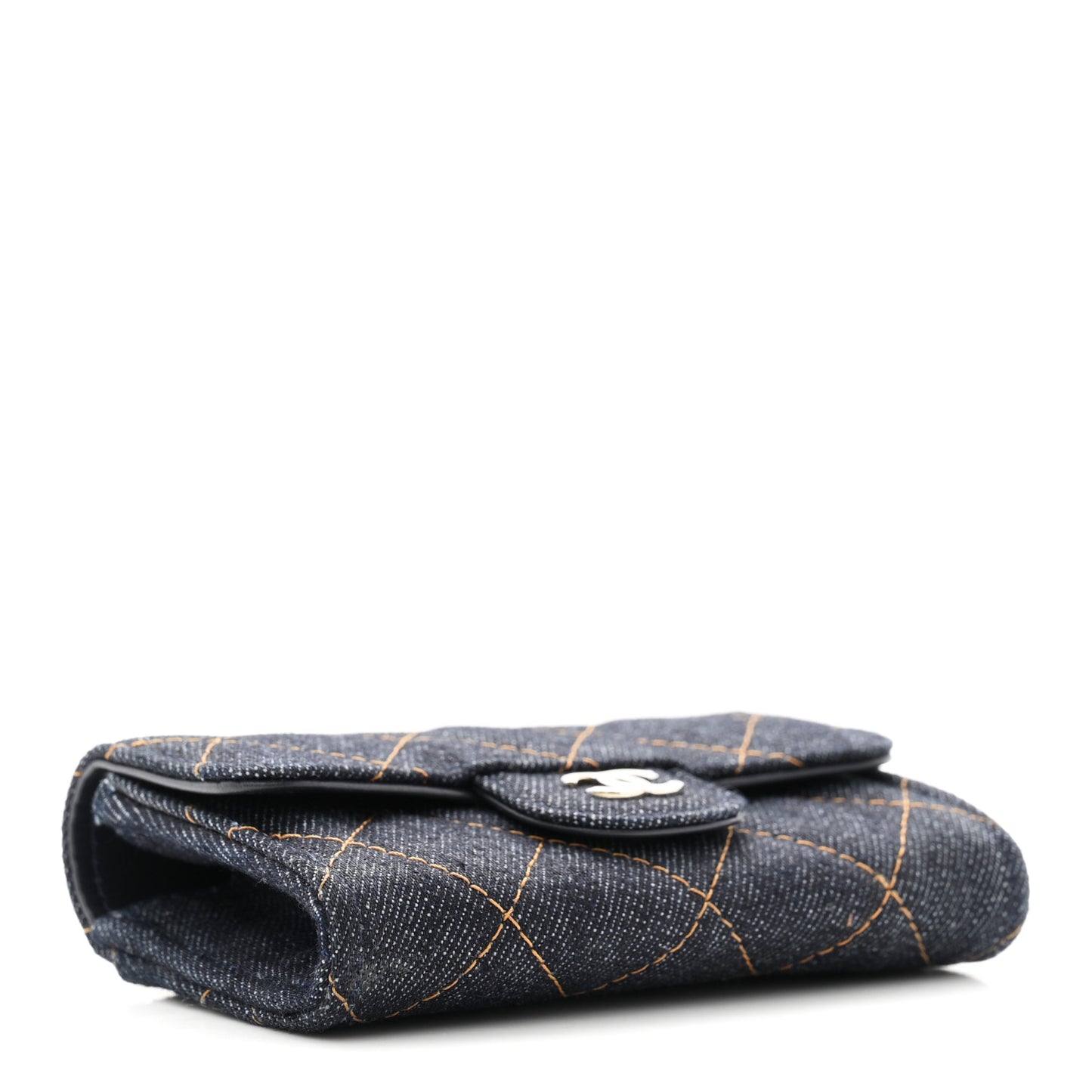 Denim Quilted Flap Card Holder Wallet Dark Blue Orange