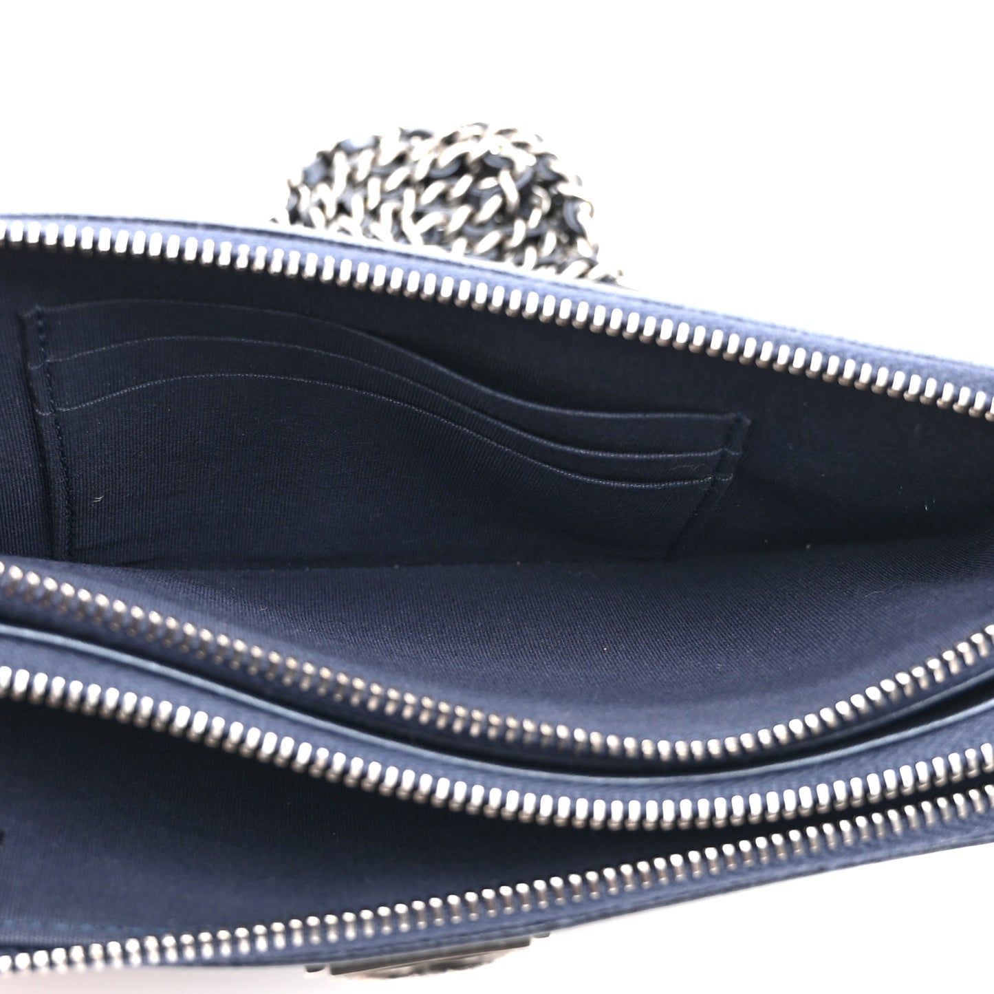 Metallic Caviar Quilted Small Boy Clutch With Chain Navy