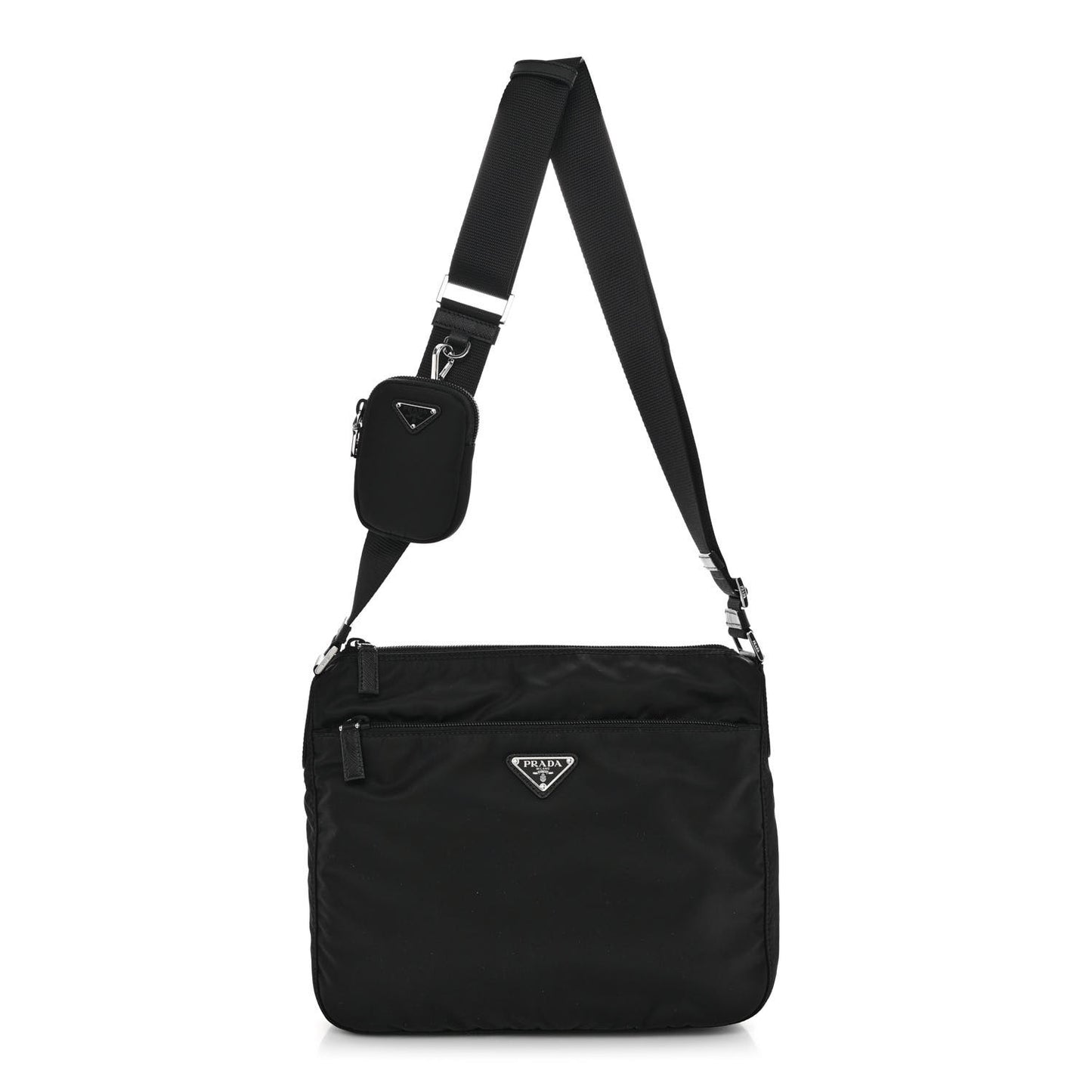 Re-Nylon Vela Saffiano Pocket Double Zip Messenger Bag Black