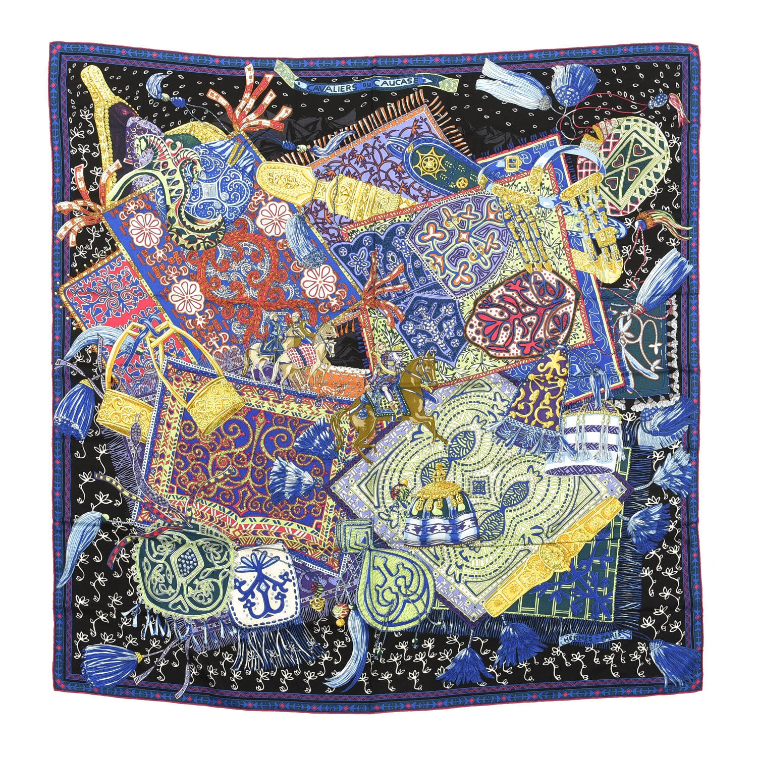 Hermes Cashmere Silk Cavaliers du Caucase Shawl 140 Black Bleu Vert 1 of 3