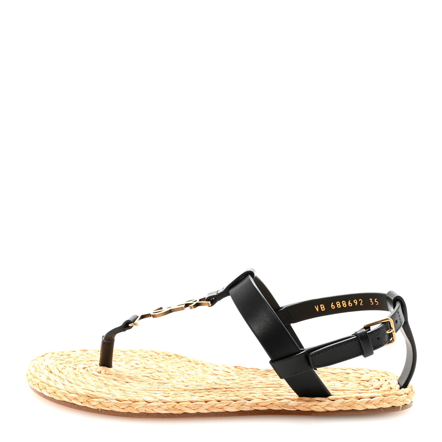 Saint Laurent Calfskin Raffia Cassandra Monogram Sandals 35 Black 1 of 9