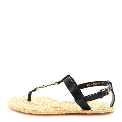 Saint Laurent Calfskin Raffia Cassandra Monogram Sandals 35 Black 1 of 9