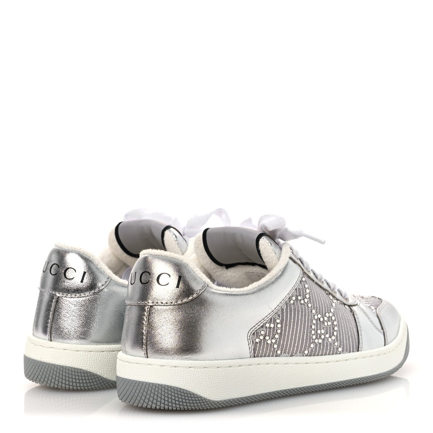 Gucci Metallic Nappa Silk Crystals Womens Screener Sneakers 35 Silver Light Grey 5 of 11