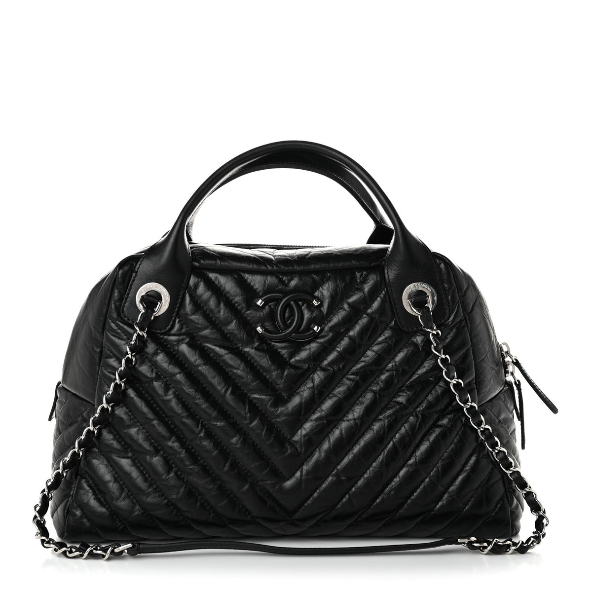 Aged Calfskin Chevron Medium Soft Bowling Bag Black