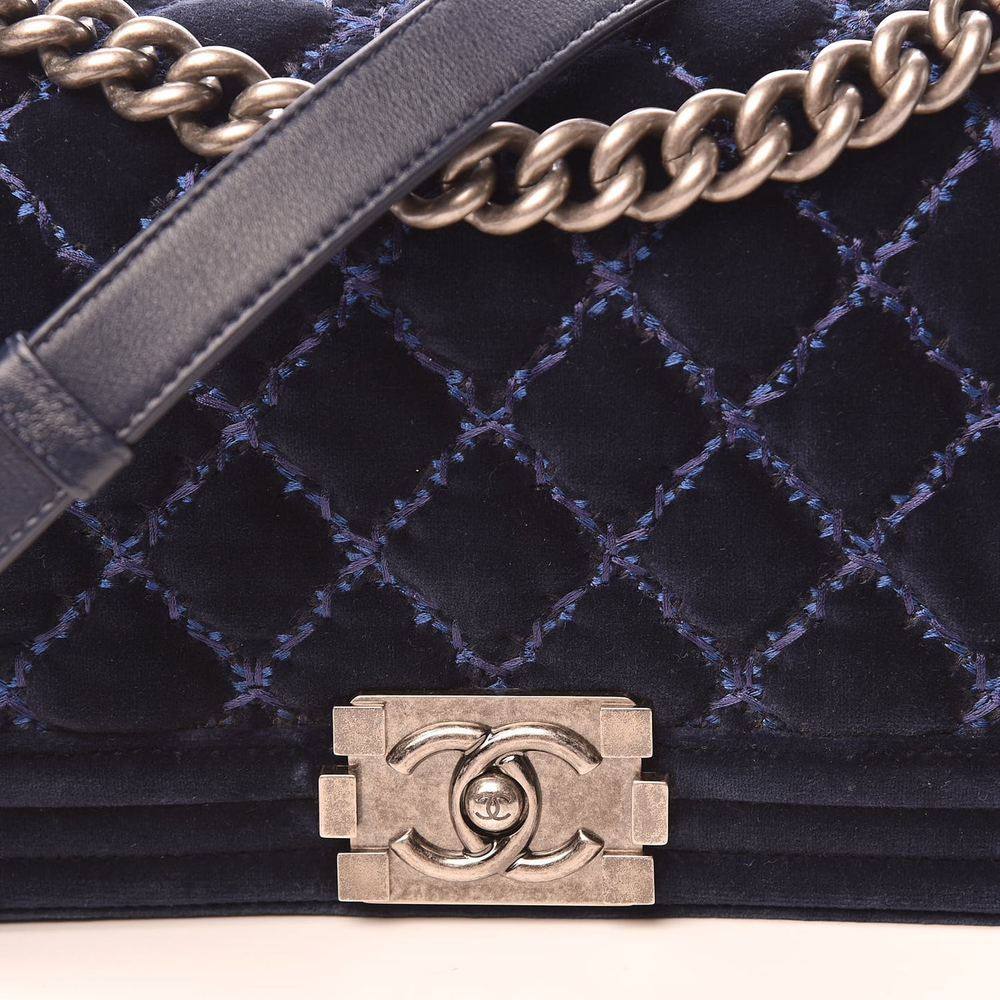 Velvet Tweed Quilted Medium Boy Flap Dark Navy Blue