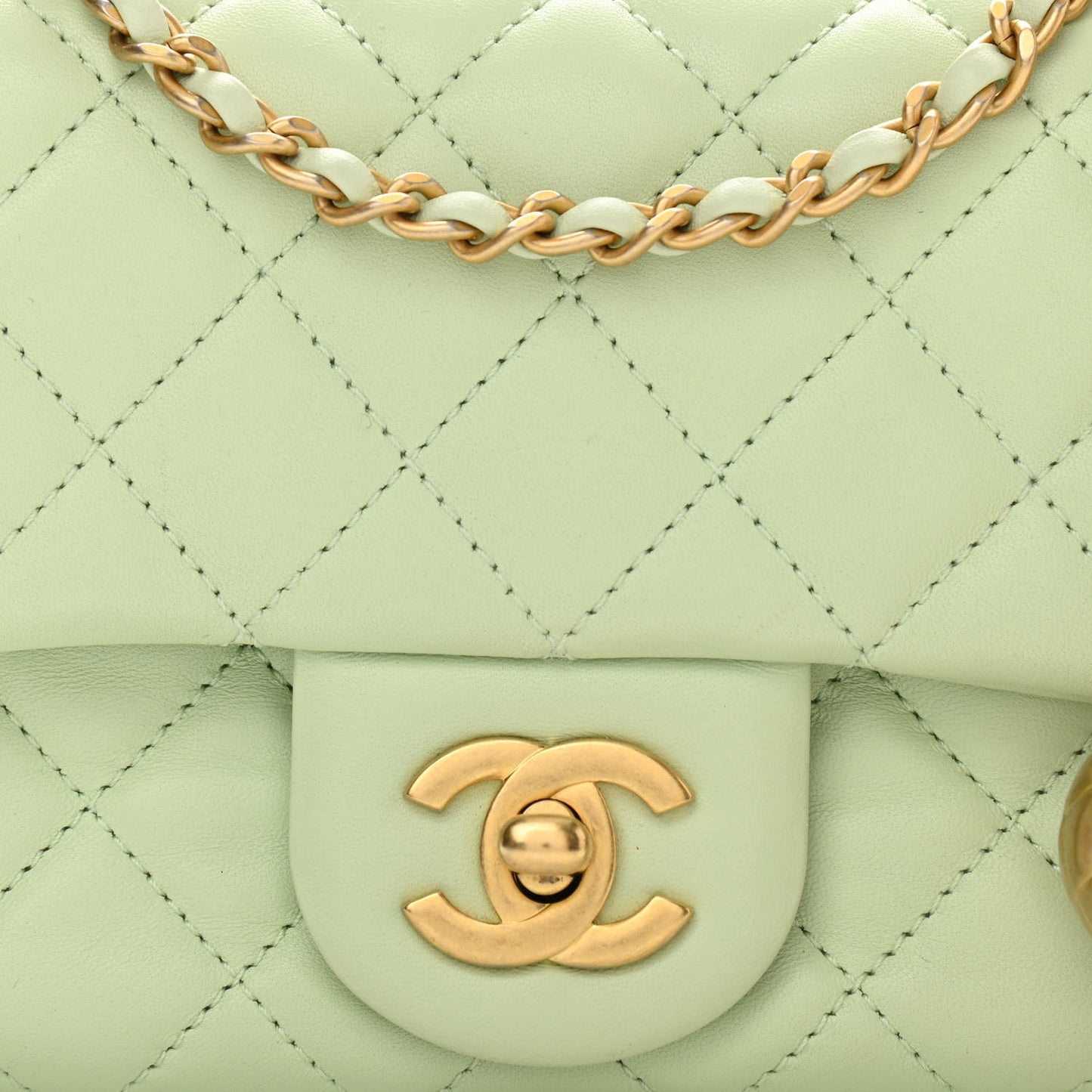 Lambskin Quilted Mini Pearl Crush Flap Light Green
