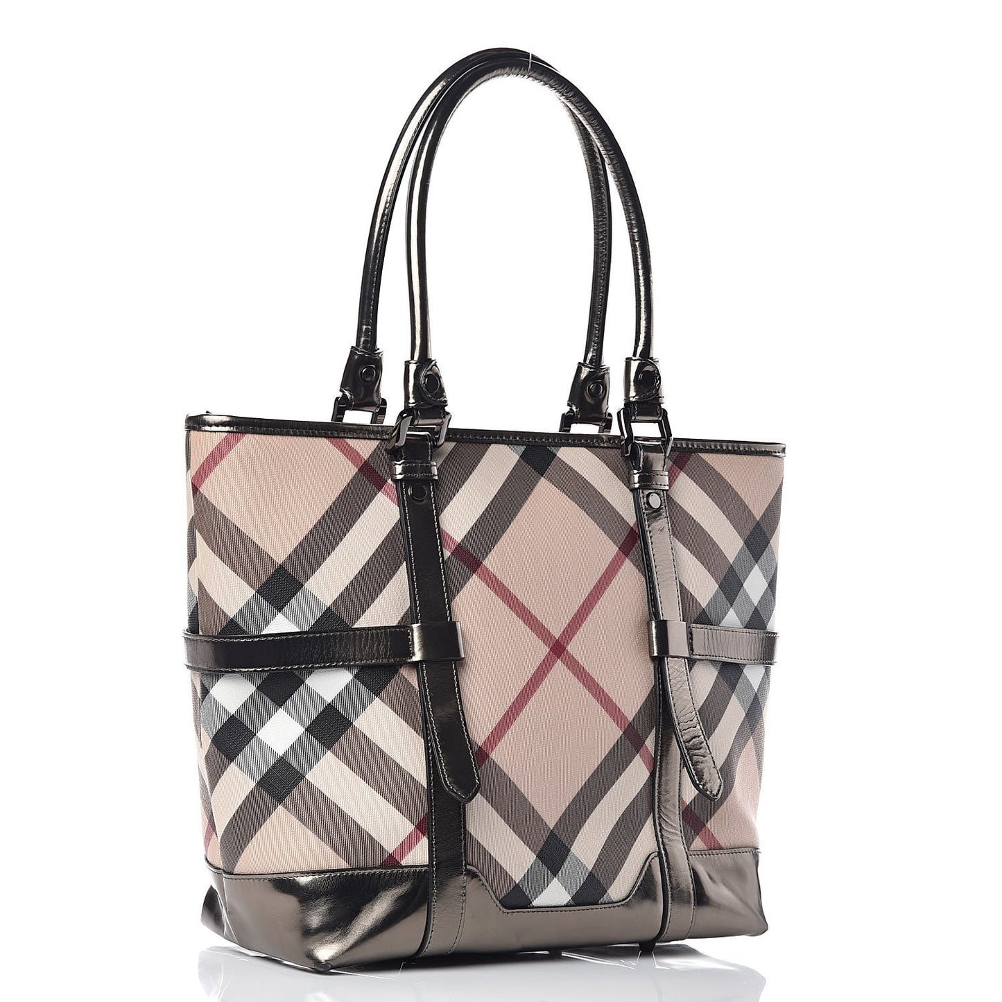 Metallic Calfskin Nova Check Tote Pewter