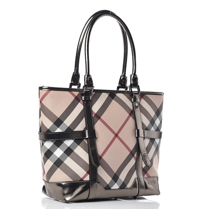 Burberry Metallic Calfskin Nova Check Tote Pewter 3 of 16