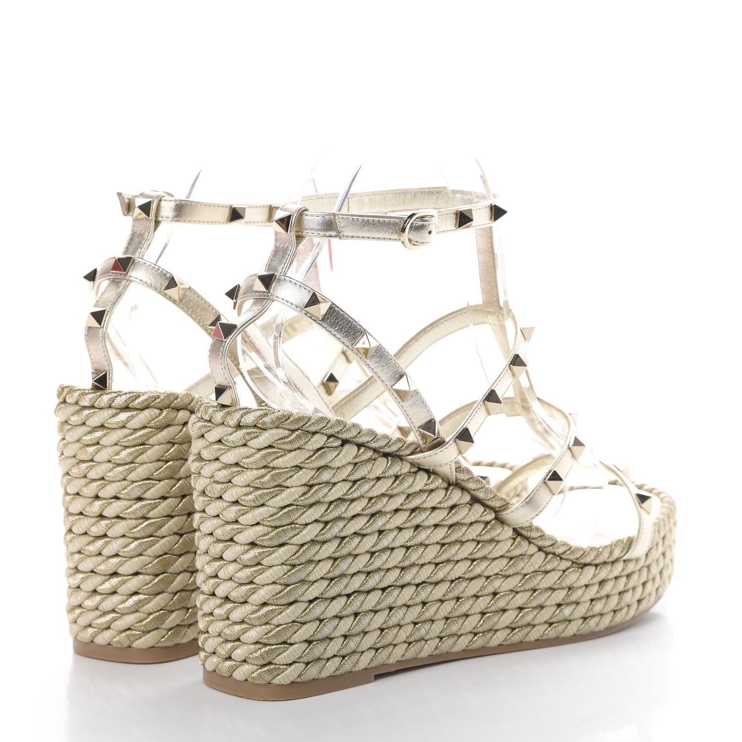Valentino Garavani Metallic Nappa Rockstud Ankle Strap Torchon Espadrille Caged 25/95mm Wedge Sandals 41 Platino 4 of 8