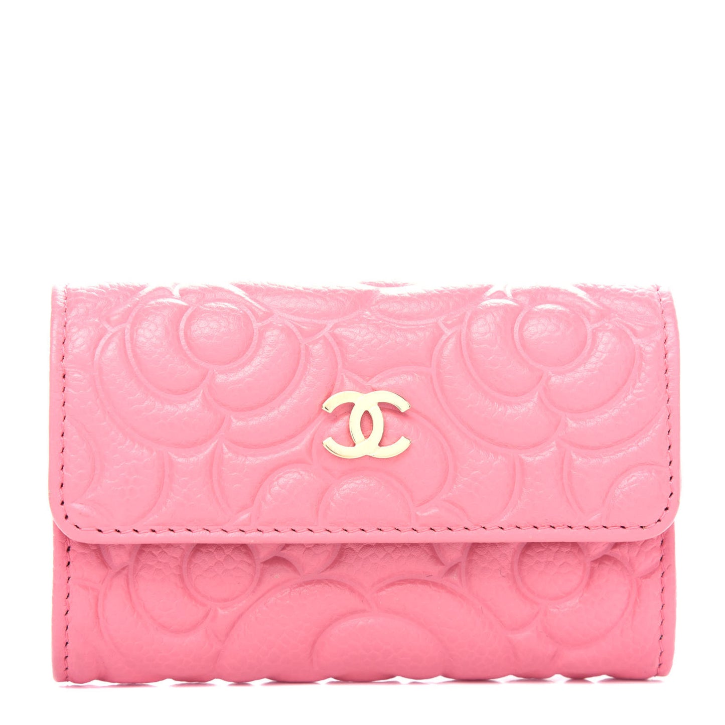 Caviar Camellia Embossed Card Holder Wallet Pink