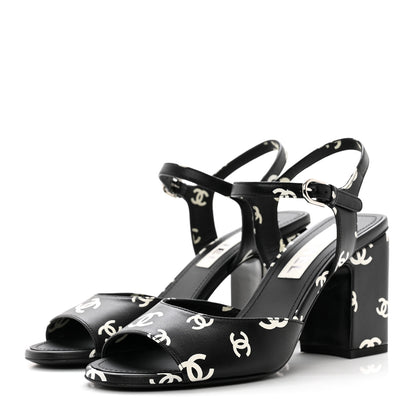 Chanel Printed Lambskin CC Sandals 38 Black White 3 of 7