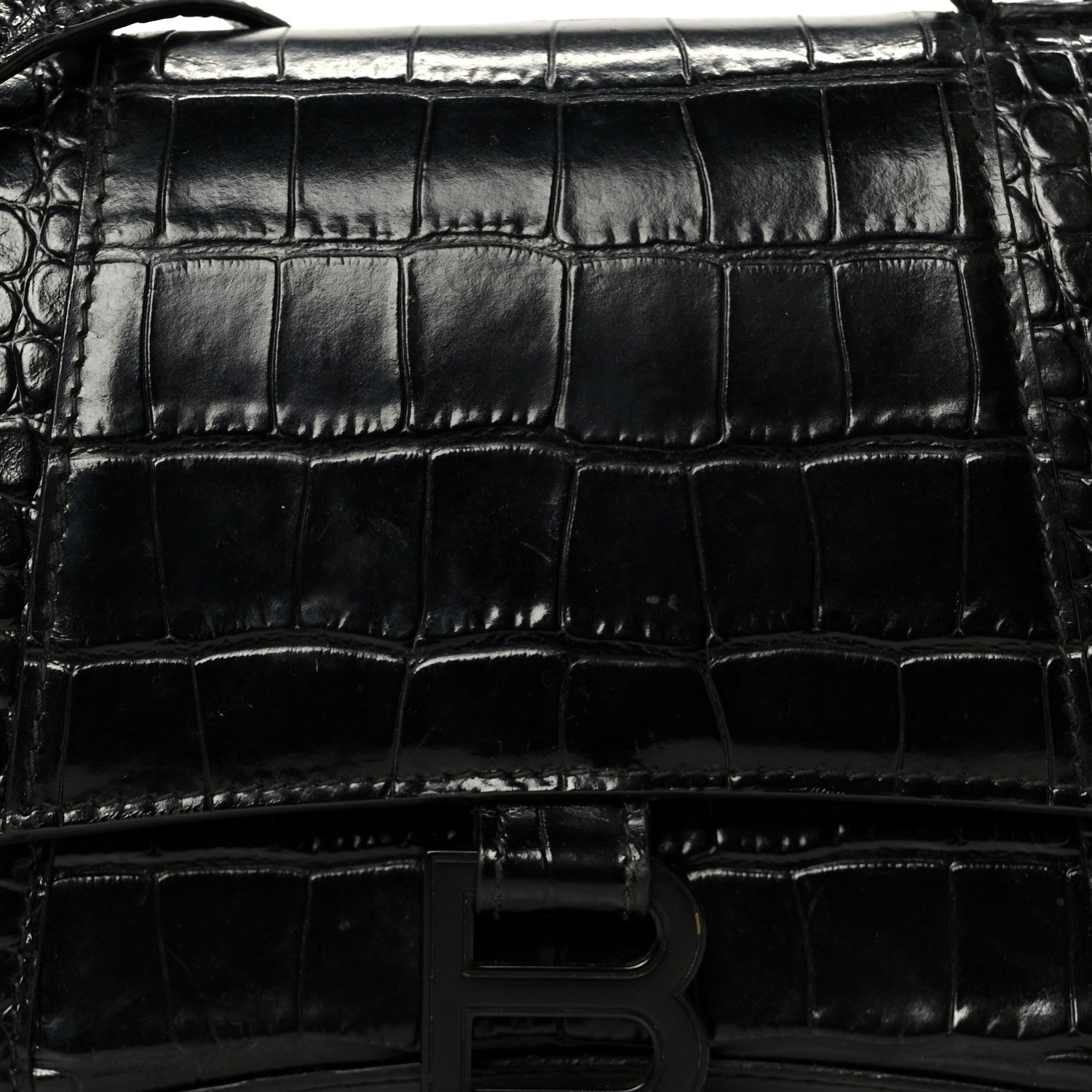 Balenciaga Shiny Calfskin Monochrome Crocodile Embossed Small Hourglass Top Handle Bag Black 8 of 14