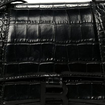 Balenciaga Shiny Calfskin Monochrome Crocodile Embossed Small Hourglass Top Handle Bag Black 8 of 14