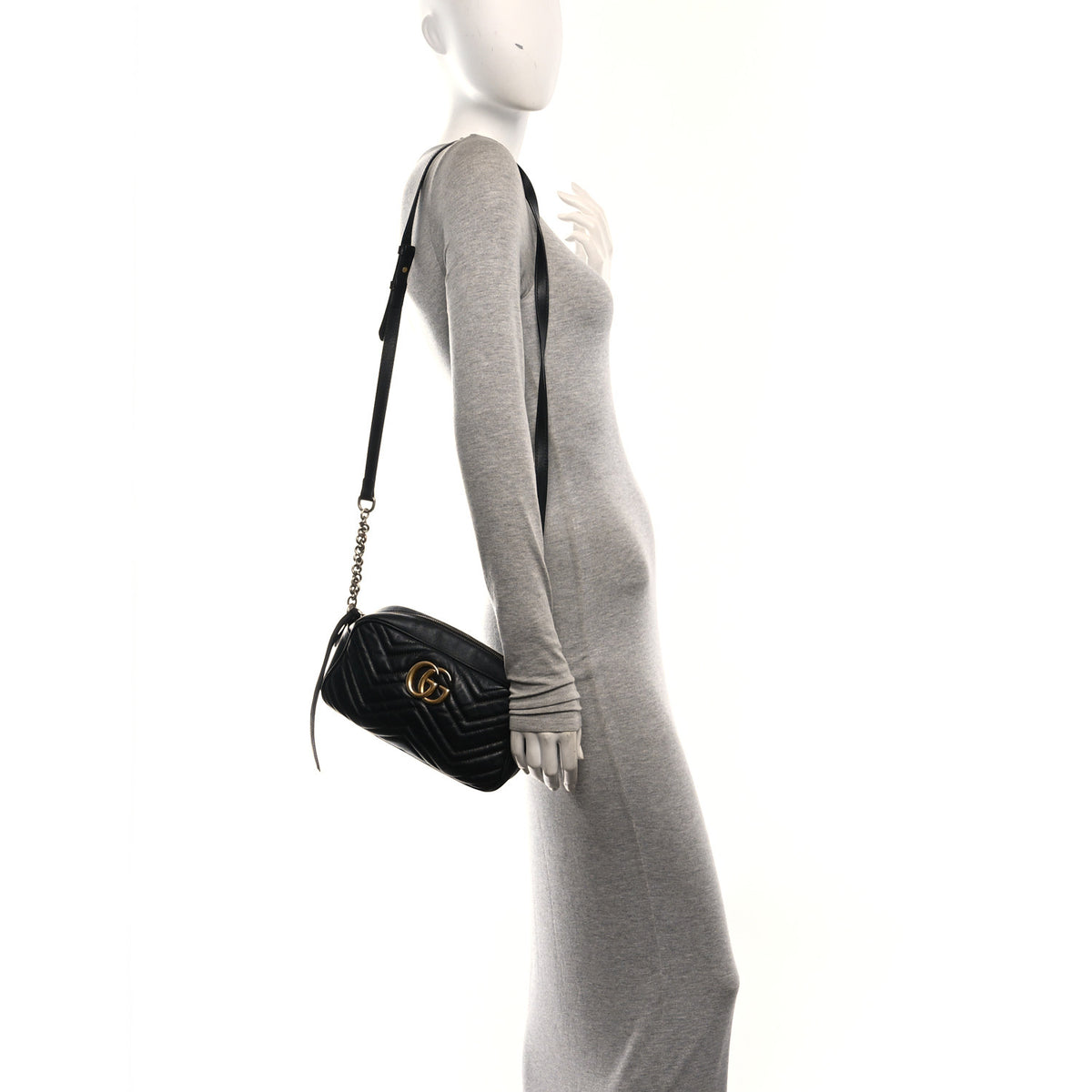 Gucci Calfskin Matelasse Small GG Marmont Chain Shoulder Bag Black 2 of 12
