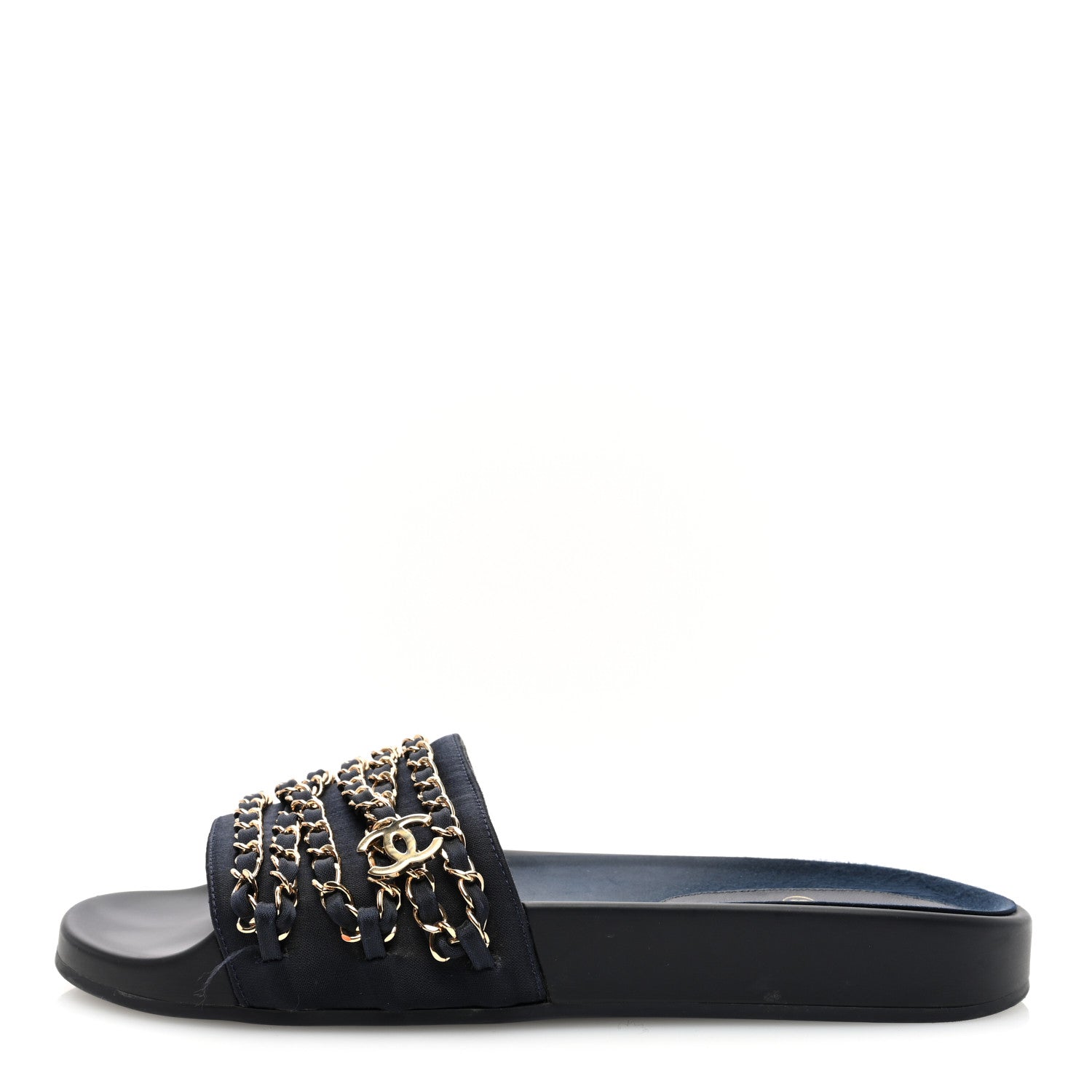 Chanel Satin Canvas Chain Slides Sandals Flats 39 Marine 1 of 8