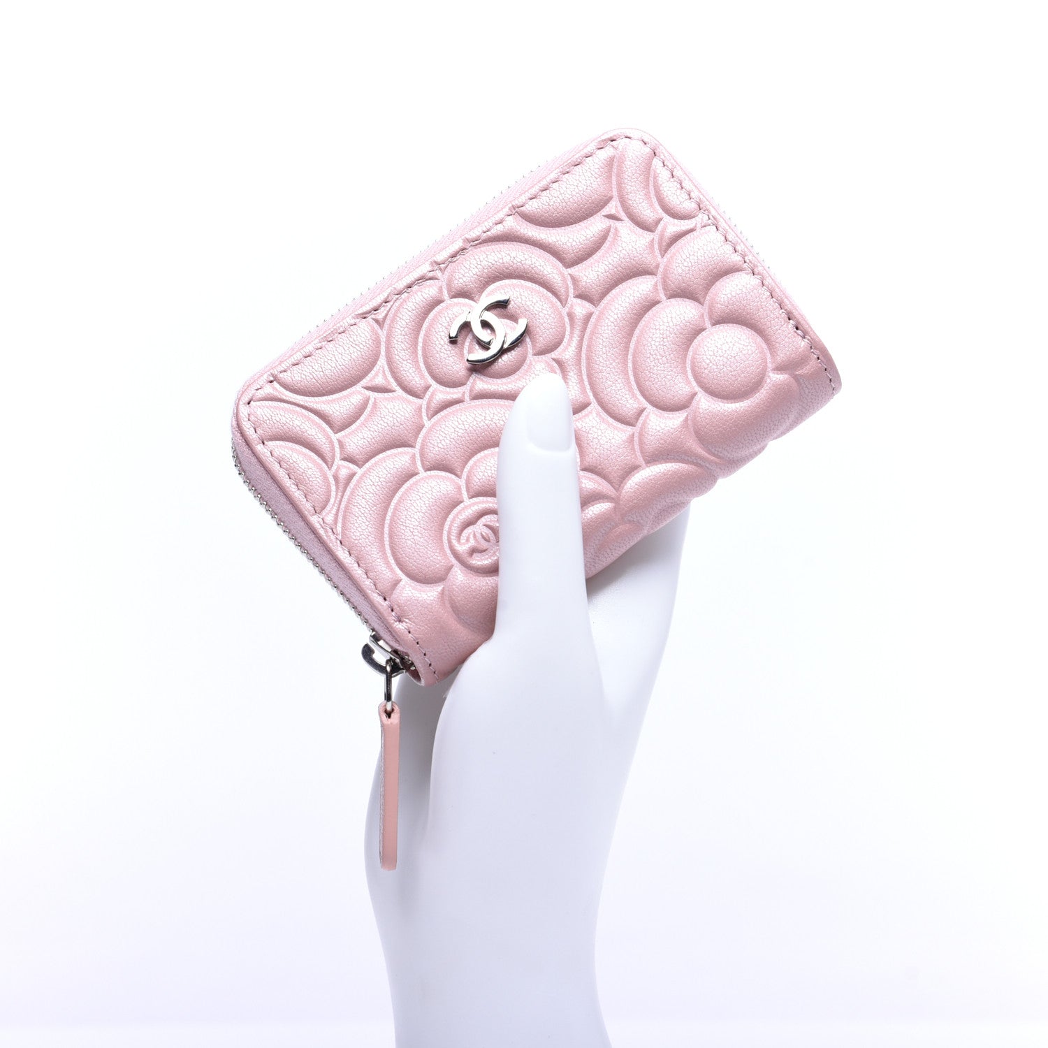 Chanel Goatskin Camellia Embossed Zip Coin Purse Light Pink 2 of 9