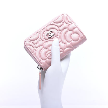 Chanel Goatskin Camellia Embossed Zip Coin Purse Light Pink 2 of 9