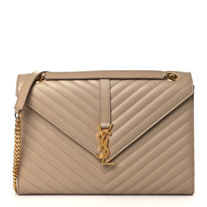 Saint Laurent Grain De Poudre Matelasse Chevron Large Monogram Satchel Dark Beige 1 of 8