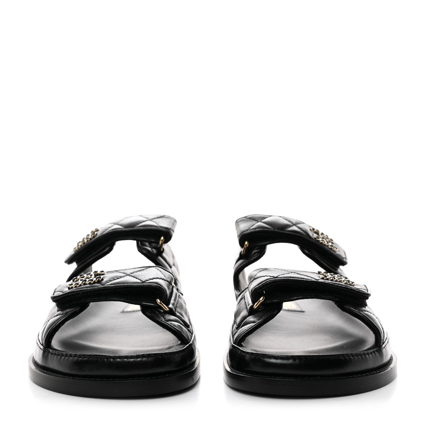 Lambskin Quilted Velcro Dad Chain CC Slide Sandals 38 Black