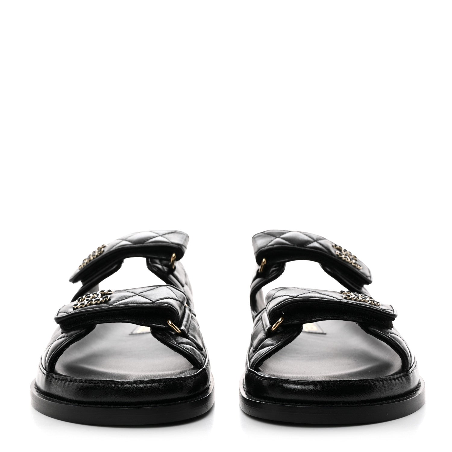 Chanel Lambskin Quilted Velcro Dad Chain CC Slide Sandals 38 Black 2 of 9