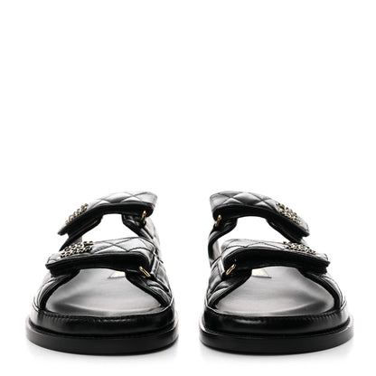 Chanel Lambskin Quilted Velcro Dad Chain CC Slide Sandals 38 Black 2 of 9