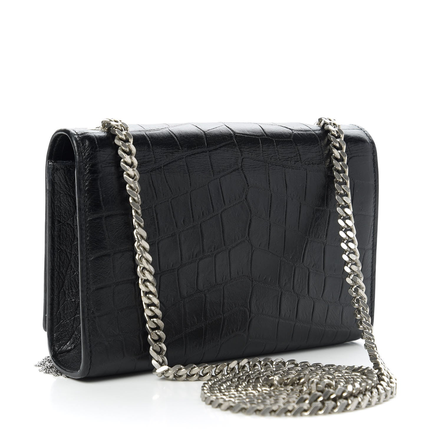 Saint Laurent Calfskin Crocodile Embossed Monogram Small Kate Tassel Satchel Black 3 of 10