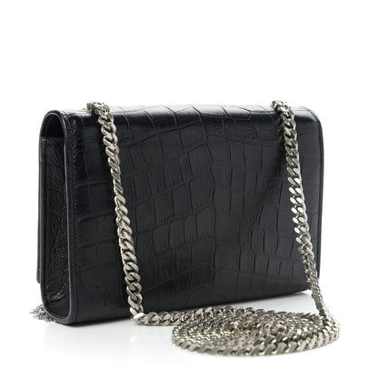 Saint Laurent Calfskin Crocodile Embossed Monogram Small Kate Tassel Satchel Black 3 of 10