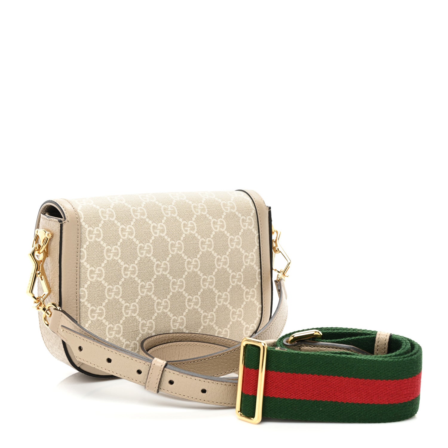 Gucci GG Supreme Monogram Textured Dollar Calfskin Web Mini Horsebit 1955 Shoulder Bag Beige Mystic White Oatmeal 3 of 9