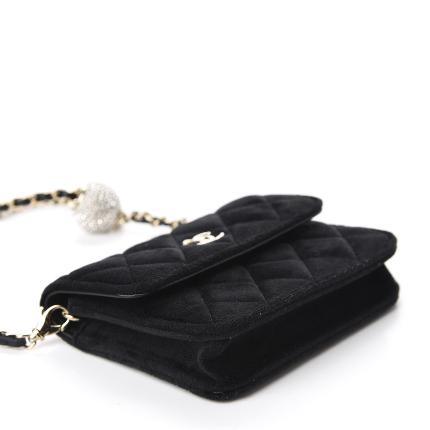 Velvet Quilted Pearl Crush Clutch With Chain Black