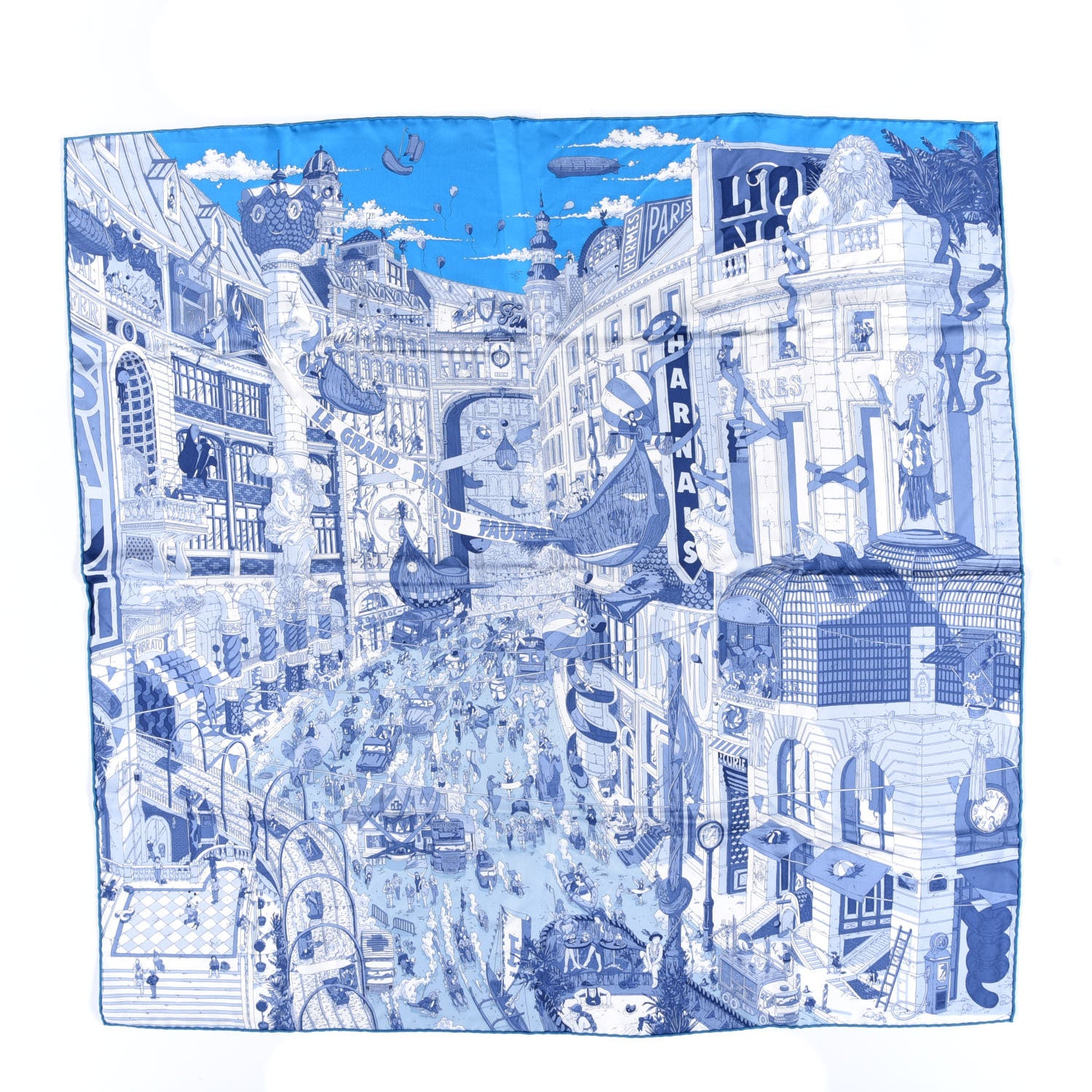 Hermes Silk Le Grand Prix du Faubourg Scarf 90 Bleu Azur Bleu Jean White 1 of 4