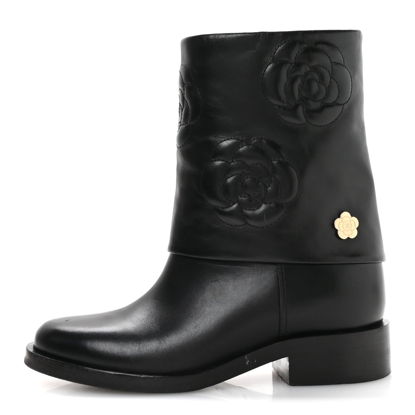 Calfskin Camellia Short Boots 37.5 Black