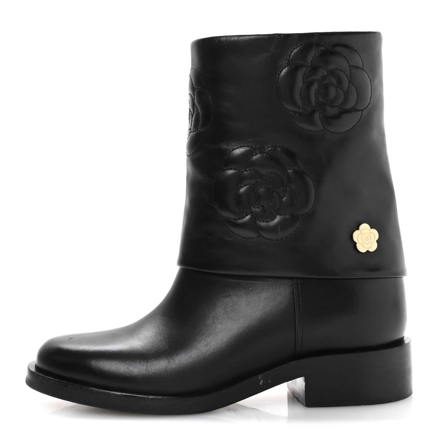 Chanel Calfskin Camellia Short Boots 37.5 Black 1 of 8