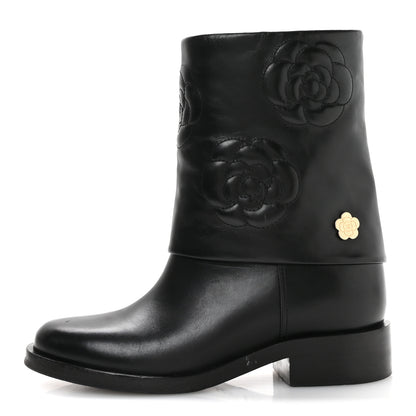 Chanel Calfskin Camellia Short Boots 37.5 Black 1 of 8